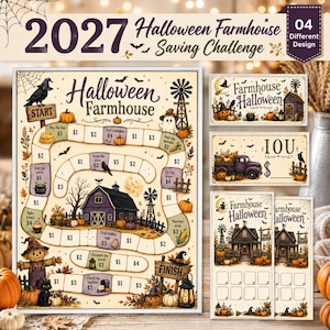 Peut inclure: Un plateau de jeu 2027 Halloween Farmhouse Saving Challenge avec un chemin sinueux marqué de montants en dollars, une grange centrale et des illustrations d'Halloween. Inclut des bons IOU et des suivis d'épargne verticaux avec 04 designs.