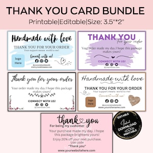 May include: Set of four printable thank you cards for small businesses. The cards feature a variety of designs with floral accents, handwritten fonts, and the text "Handmade with love" and "Thank you for your order".
