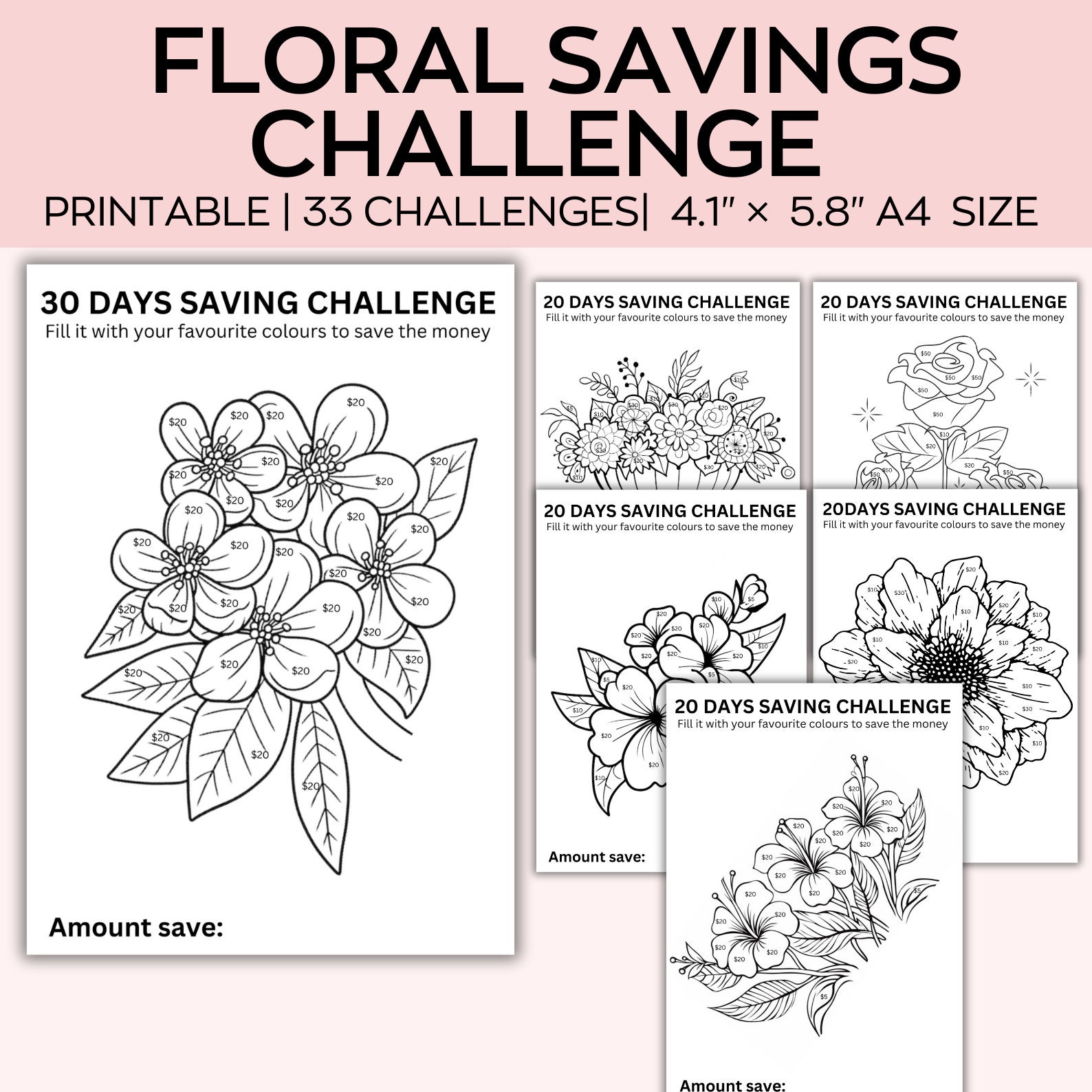 A6 Saving Challenge Printable, Floral Coloring Savings Challenge