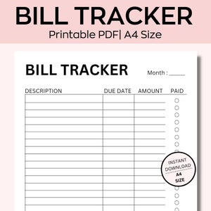 Monatliche Rechnung Zahlung Tracker druckbar, Bill Zahlung Tracker, Bill Planner, Bill Zahlung Tracker Checkliste, Monatliche Rechnung Log, Printable