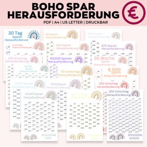 May include: A set of printable rainbow-themed savings challenge charts in various denominations, including 30-day, 100-envelope, 50-envelope, 26-week, and 100-envelope challenges. The charts feature a colorful rainbow design with a white background and text in German.