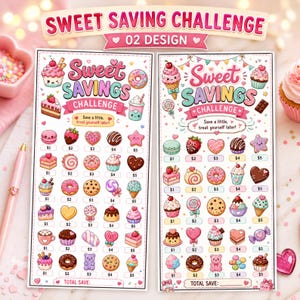 May include: Two rectangular paper savings challenge trackers titled Sweet Savings Challenge with 02 Design. Each features rows of colorful dessert illustrations like cupcakes, donuts, and cookies, paired with dollar amounts from $1 to $5.