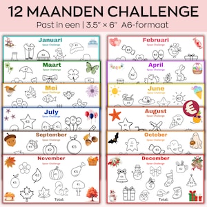 Puede incluir: Un gráfico de desafío de ahorro de 12 meses imprimible con una imagen diferente para cada mes. El gráfico está diseñado para ajustarse a un formato A6 de 3,5" x 6".