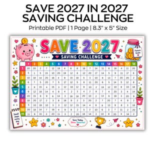 Könnte beinhalten: Ein druckbares 21,1 cm x 12,7 cm Save 2027 Spar-Challenge PDF-Diagramm mit einem nummerierten Raster, einem rosa Sparschwein, einem Glas mit Münzen beschriftet als Future Goals, Pflanzen, einem Pokal und einem Notizblock mit dem Text Small steps every day.