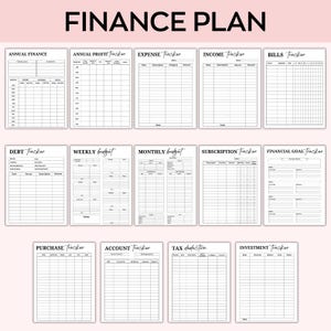 May include: A black and white printable finance planner with 14 different sections for tracking income, expenses, bills, debt, weekly and monthly budgets, subscriptions, financial goals, purchases, accounts, tax deductions, and investments.