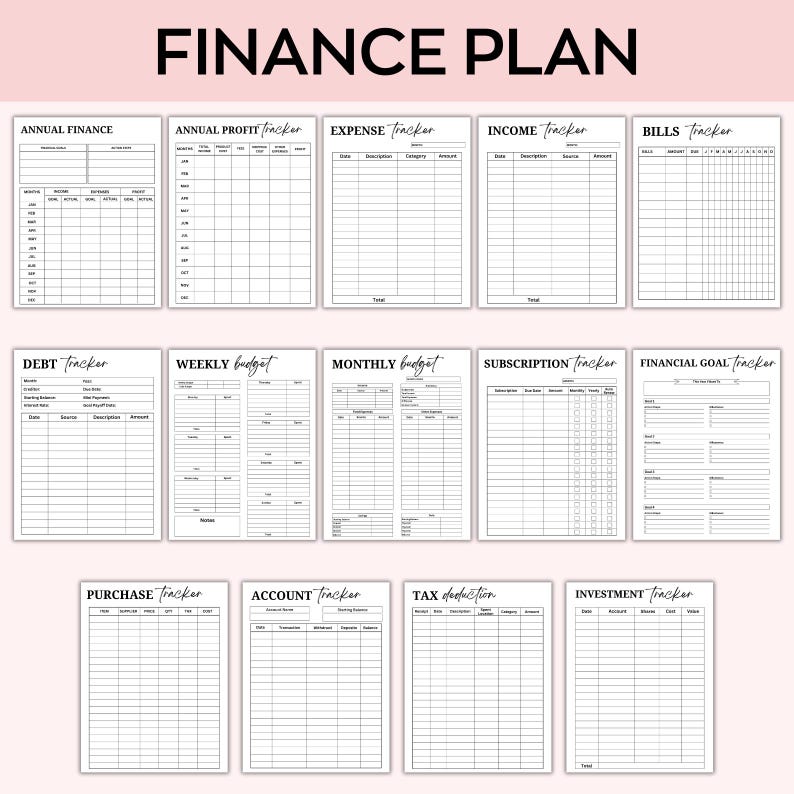 May include: A black and white printable finance planner with 14 different sections for tracking income, expenses, bills, debt, weekly and monthly budgets, subscriptions, financial goals, purchases, accounts, tax deductions, and investments.