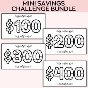 May include: Four printable black and white money saving challenge charts. The charts are labeled with dollar signs and the amounts $100, $200, $300, and $400. Each chart is divided into sections with dollar amounts listed in each section.