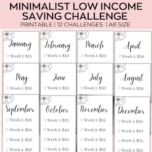 Op de afbeelding: Een minimalistische spaaruitdaging print met 12 uitdagingen in A6-formaat. Elke maand wordt vertegenwoordigd met een bloemenontwerp en spaarbedragen per week, variërend van €10 tot €40.