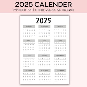 2025 Calendar, yearly calendar,  Desk calendar, wall calendar, Single page calendar, 2025 Calendar poster, Minimalist Calendar 2025 Planner
