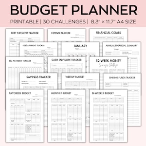 May include: Printable budget planner with 30 challenges. Includes trackers for debt payments, expenses, cash envelopes, savings, weekly and bi-weekly budgets, and sinking funds. Also includes a 52-week money savings challenge and an annual financial summary.