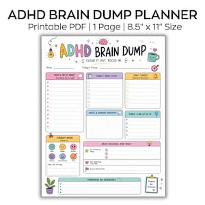 Könnte beinhalten: Eine druckbare ADHD Brain Dump Planerseite im Format 21,59 x 27,94 cm. Das Dokument enthält Abschnitte für Aufgaben, Notizen, Stimmungsverfolgung und Erinnerungen, verziert mit bunten Symbolen wie Glühbirne, Gehirn und Kaffeetasse.