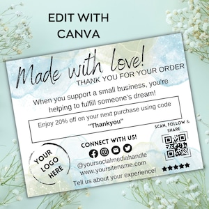 Pode incluir: Um cart&atilde;o de agradecimento com um fundo de aquarela azul e branco. O cart&atilde;o diz "Made with love!" e "Thank you for your order." Tamb&eacute;m inclui um c&oacute;digo de desconto, identificadores de m&iacute;dia social e um c&oacute;digo QR.