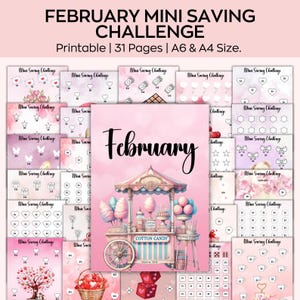 May include: A pink printable February Mini Saving Challenge with 31 pages, A6 & A4 size. The image features a cotton candy cart and various saving challenges with hearts, stars, and other designs.