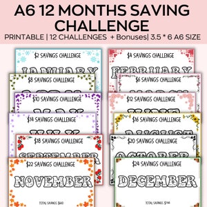 May include: A printable A6 size 12-month savings challenge. Each month features a different savings goal, from $2 to $24, with a total savings goal of $660. The printable includes a calendar for each month with a decorative border.