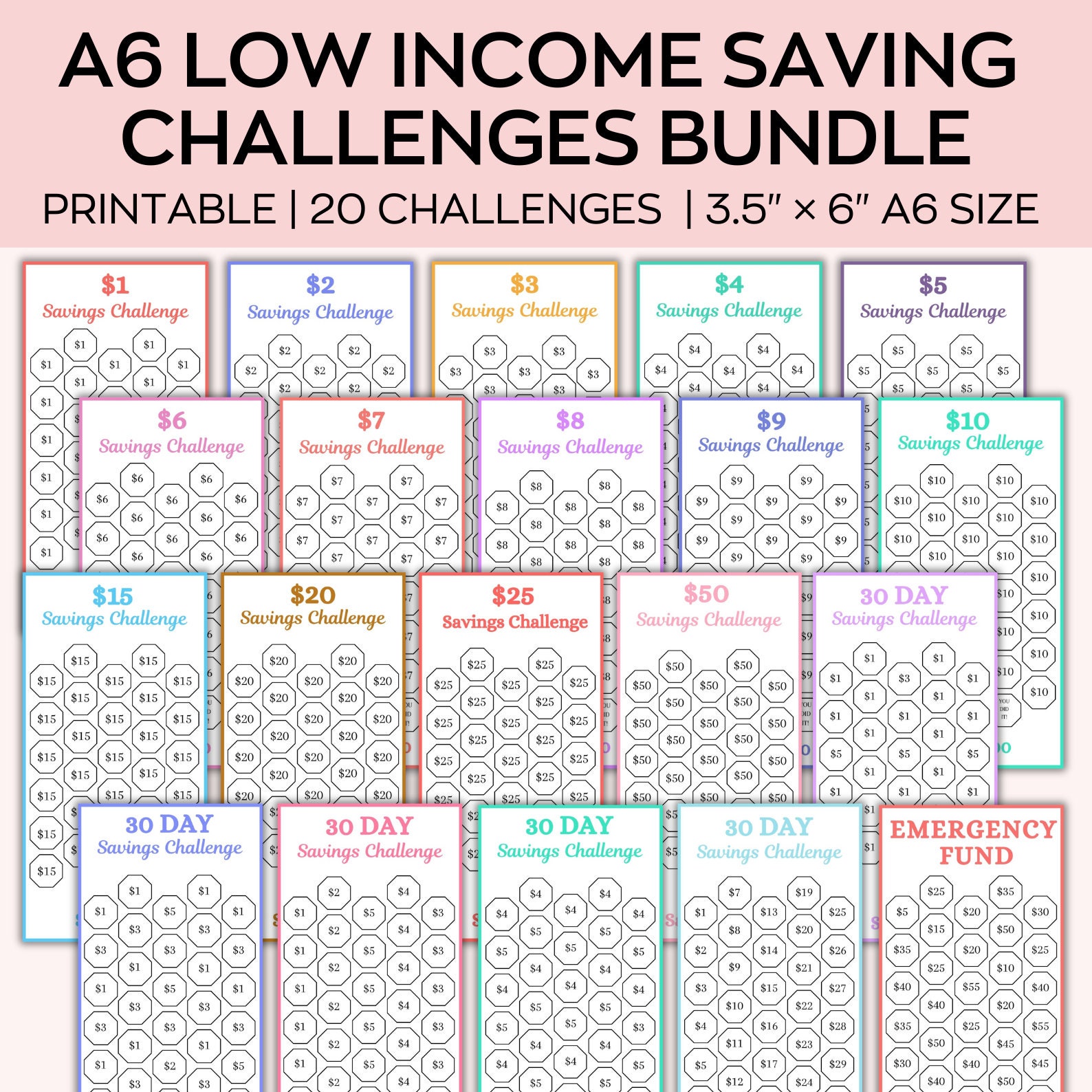 Low Income Savings Challenge Printable, A6 Mini Savings Challenge