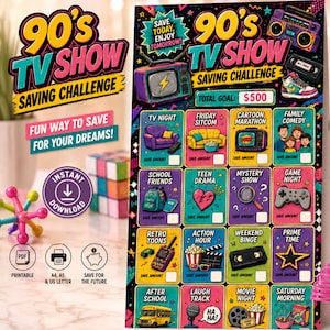 Puede incluir: Una hoja imprimible 90's TV Show Saving Challenge con una cuadrícula de ilustraciones coloridas que incluyen un televisor, un sofá, un mando de juego y una cinta VHS. El texto dice 90's TV Show Saving Challenge, Total Goal: $500, y varias etiquetas de categoría como TV Night, Friday Sitcom y Cartoon Marathon.