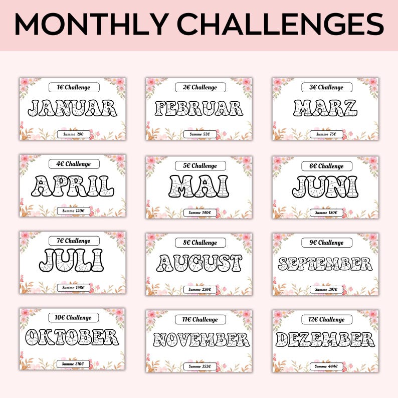 May include: A printable chart with 12 monthly challenges, each with a different month of the year in German. The months are January, February, March, April, May, June, July, August, September, October, November, and December. Each month has a different challenge number and a different amount of money to save.