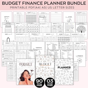Planificador de presupuesto y finanzas, planificador digital imprimible, calendario anual, desafíos de ahorro, seguimiento de ahorros y resumen financiero.