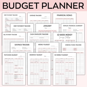 May include: A printable budget planner with 12 different worksheets for tracking expenses, income, savings, debt, and financial goals. The worksheets are designed in a simple black and white style with pink accents.