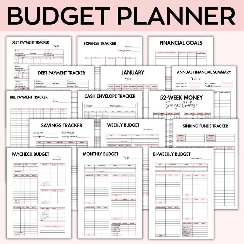 May include: A printable budget planner with 12 different worksheets for tracking expenses, income, savings, debt, and financial goals. The worksheets are designed in a simple black and white style with pink accents.