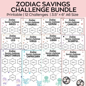 A6 Savings Challeng Imprimible, paquete de seguimiento de dinero de ahorro del zodíaco, Fondo de ahorro, Mini rastreador de desafíos de ahorro de tamaño A6, Conjunto de 15, Presupuesto de efectivo