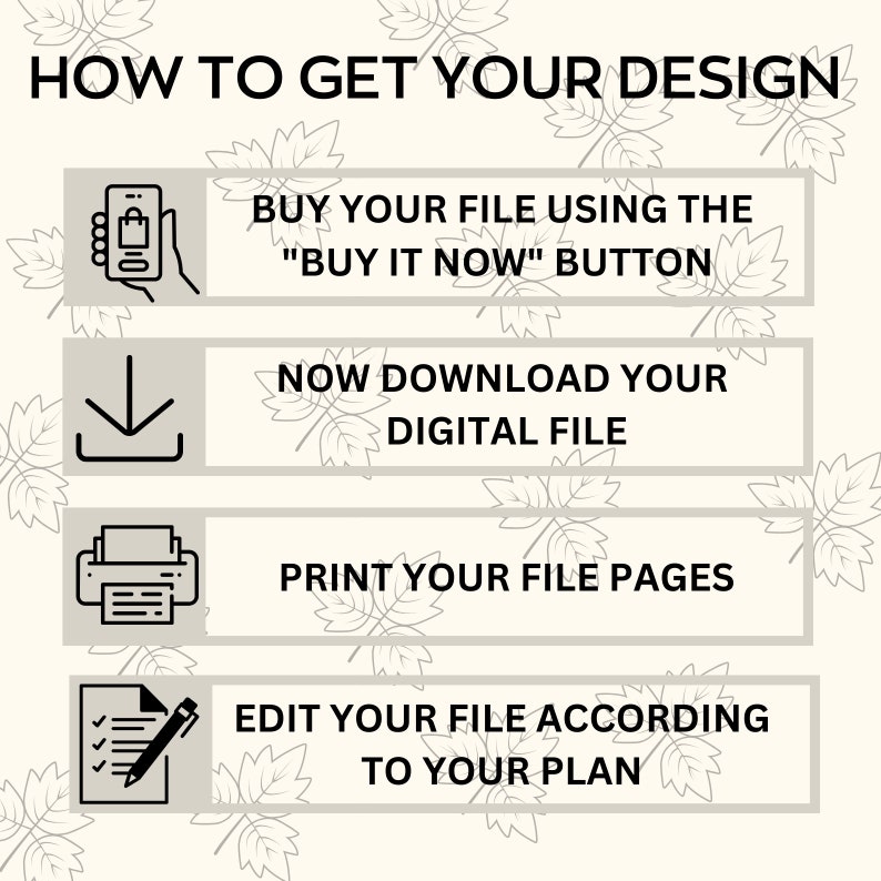 Pode incluir: Um guia de quatro etapas sobre como obter o seu design. As etapas s&atilde;o: comprar o seu ficheiro usando o bot&atilde;o "Comprar agora", descarregar o seu ficheiro digital, imprimir as p&aacute;ginas do seu ficheiro e editar o seu ficheiro de acordo com o seu plano.