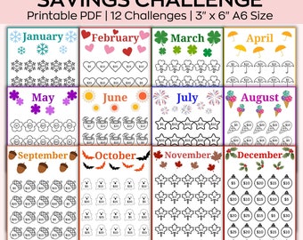A6 maandelijkse spaaruitdaging afdrukbaar, mini-spaaruitdagingbundel, trackers en geldenveloppen, A6 spaartacker, set van 12 pagina's