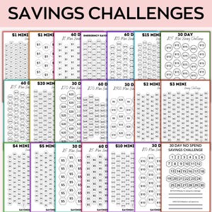 May include: A printable sheet with 12 different savings challenge charts. Each chart has a different amount of money to save per day or week, with a total amount to save at the end of the challenge. The charts are designed to help people save money.