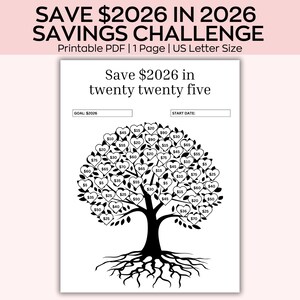 Puede incluir: Un gráfico imprimible de desafío de ahorro con un diseño de árbol. El gráfico está diseñado para ayudar a ahorrar $2026 en 2026. Las hojas del árbol tienen forma de corazón y contienen cantidades para ahorrar. El texto "Save $2026 in twenty twenty five" está en la parte superior.
