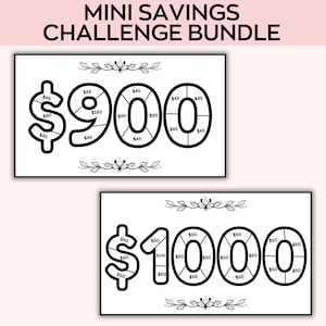 May include: Black and white printable savings challenge chart with two designs. The first design is a circle divided into sections with the number 900 in the center. The second design is a circle divided into sections with the number 1000 in the center.