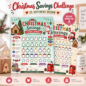 Puede incluir: Dos hojas de seguimiento para el reto de ahorro navideño con ilustraciones festivas de muñecos de nieve, pingüinos, árboles de Navidad, calcetines y cajas de regalo. Las hojas incluyen secciones para metas, ahorros totales y recompensas, con el texto Christmas Savings Challenge.