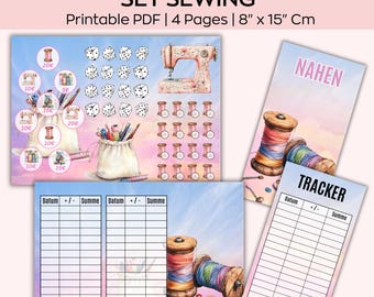 May include: A printable PDF sewing challenge folding card set. The set includes four pages with illustrations of sewing notions, dice, and a sewing machine. The dimensions are 8" x 15" (20.32 cm x 38.1 cm). The set includes a tracker.