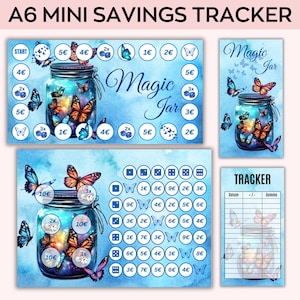 May include: A6 Mini Savings Tracker with a watercolor design. The design features a jar filled with butterflies, with the words "Magic Jar" written in cursive. Includes multiple tracker sheets with different layouts.