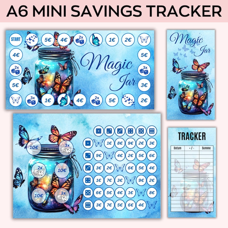 May include: A6 Mini Savings Tracker with a watercolor design. The design features a jar filled with butterflies, with the words "Magic Jar" written in cursive. Includes multiple tracker sheets with different layouts.