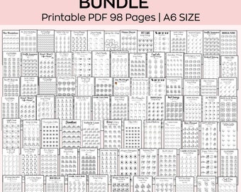 Op de afbeelding: Een zwart-witte printbare PDF-bundel van 98 pagina's met pictogrammen voor spaaruitdagingen. De pictogrammen zijn georganiseerd in categorieën zoals kleding, interieur, huisdierverzorging en reizen. De bundel is A6-formaat.