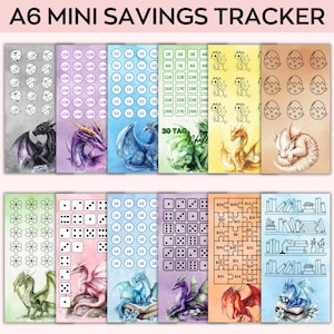 May include: A6 Mini Savings Tracker featuring various designs, including dice, dragons, and flowers. Each tracker has a different theme and savings goal, with amounts in euros. The top of the image reads "A6 MINI SAVINGS TRACKER".