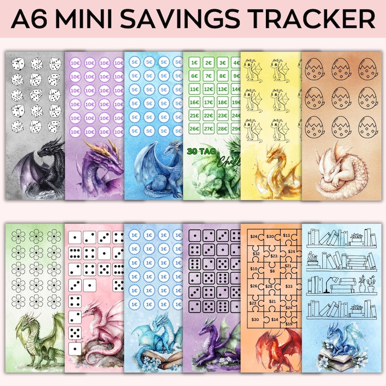 May include: A6 Mini Savings Tracker featuring various designs, including dice, dragons, and flowers. Each tracker has a different theme and savings goal, with amounts in euros. The top of the image reads "A6 MINI SAVINGS TRACKER".