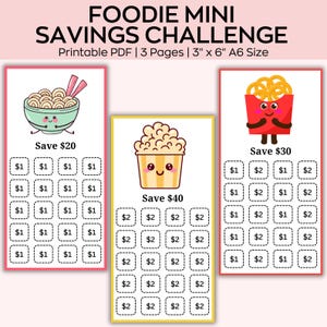 May include: Printable savings challenge with three pages featuring a noodle bowl, popcorn bucket, and french fries. Each page has a goal amount to save, with a grid of pound sterling amounts to track progress.