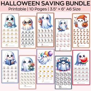 Desafíos de ahorro con fantasmas espeluznantes, desafíos de ahorro de Halloween, lindo mini juego de ahorro con fantasmas, rastreador de presupuesto, sobres de efectivo.