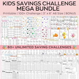 Pacchetto Ultimate Kids Savings Challenge, Mega A6 Flower Saving Challenge stampabile, Risparmio di denaro per bambini, Pianificatore di risparmio divertente, Set di 114
