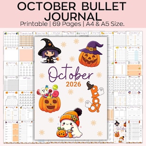 Puede incluir: Un diario de balas de octubre imprimible, tamaño A4 y A5, con 69 páginas. La portada presenta ilustraciones de Halloween, incluyendo una bruja, calabazas, fantasmas y el texto "October 2026". Contiene rastreadores y planificadores.