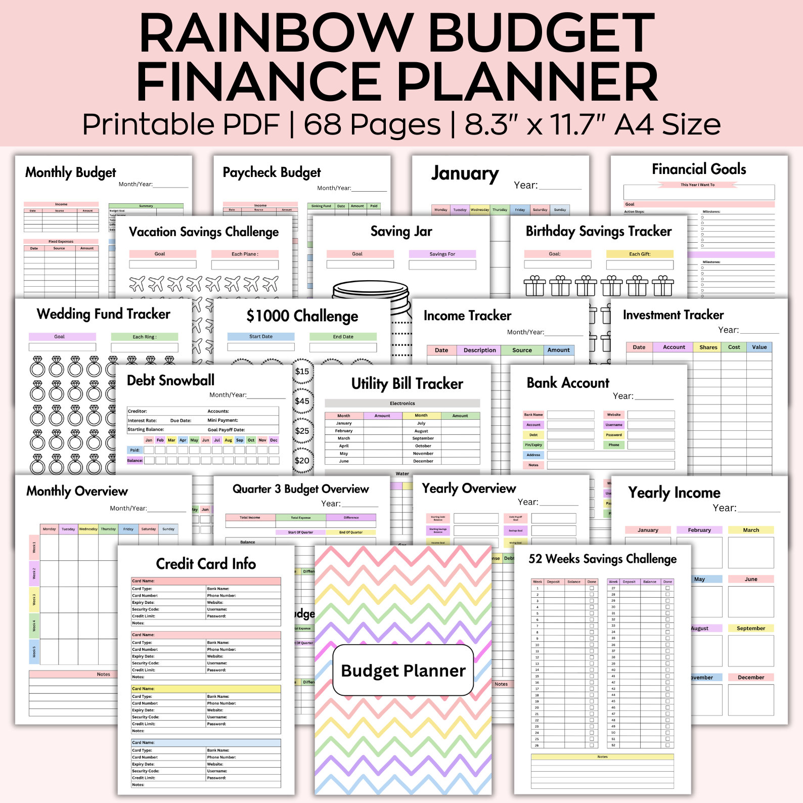 Rainbow budget finance planner bundle printable,Digital finance journal ,finance planner bundle A4 pdf book,budget planner binder 2023