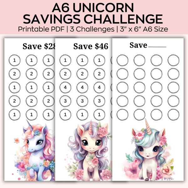 Unicorn Savings Challenge, cute Einhorn Money tracker printable A6 Paycheck Budget,  Magical Unicorns, Low Budget planner, Cash Envelope