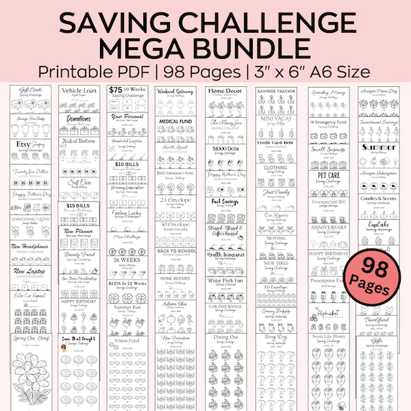 Geld-Spar-Challenge Mega Bundle, A6 Spar-Tracker Printables, Mini-Spar-Challenge, Budgetordner, Finazplaner, 100 Umschläge