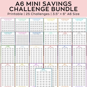 May include: A6 Mini Savings Challenge Bundle, printable, with 25 challenges, sized at 8.9cm x 15.2cm. Includes various savings challenges like 50, 60, and 100 envelope challenges, and challenges for saving £500, £1000, and £1500.