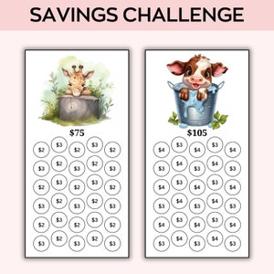 May include: A savings challenge game with two options: $75 or $105. The $75 option features a cartoon giraffe and the $105 option features a cartoon cow. Each option has a grid of 25 circles with dollar amounts of $2 or $3 for the $75 option and $3 or $4 for the $105 option.