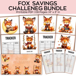 Può includere: Una raccolta di tracker di risparmio stampabili con illustrazioni di volpi. Il pacchetto include pagine con tracker e il testo "FOX SAVINGS CHALLENEG BUNDLE" e "SAVINGS CHALLENGE". Le pagine misurano 15,24 cm x 7,62 cm.