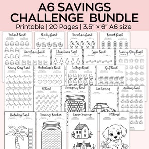 May include: Black and white printable A6 savings challenge bundle with 20 pages. The pages feature different savings goals such as school fund, baby fund, vacation fund, travel fund, Christmas fund, gym fund, sunny day fund, rainy day fund, Valentine's fund, college fund, gift fund, pet fund, emergency fund, car saving, wedding fund, holiday fund, saving tracker, house saving, and pet fund.