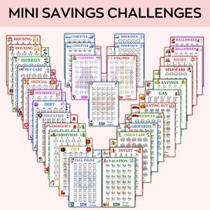 May include: A set of 20 printable mini savings challenge charts. Each chart features a different savings goal, such as housing, computer, insurance, Halloween, books, self care, savings, gas, eating out, vehicle, groceries, child care, invest, vacation, cell phone, and gift. Each chart has a grid of 50 squares, with a $250 savings goal.