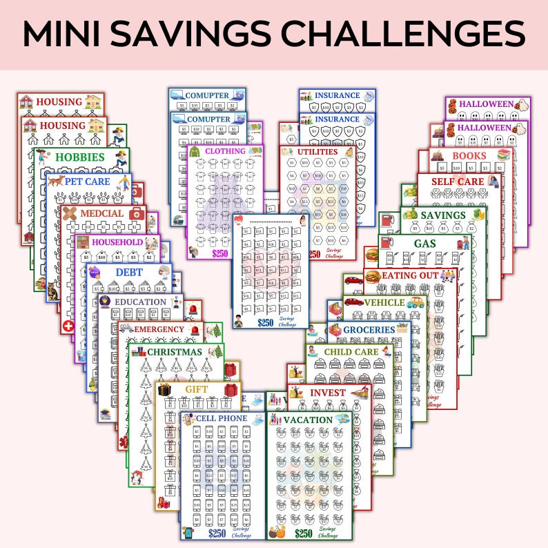 May include: A set of 20 printable mini savings challenge charts. Each chart features a different savings goal, such as housing, computer, insurance, Halloween, books, self care, savings, gas, eating out, vehicle, groceries, child care, invest, vacation, cell phone, and gift. Each chart has a grid of 50 squares, with a $250 savings goal.